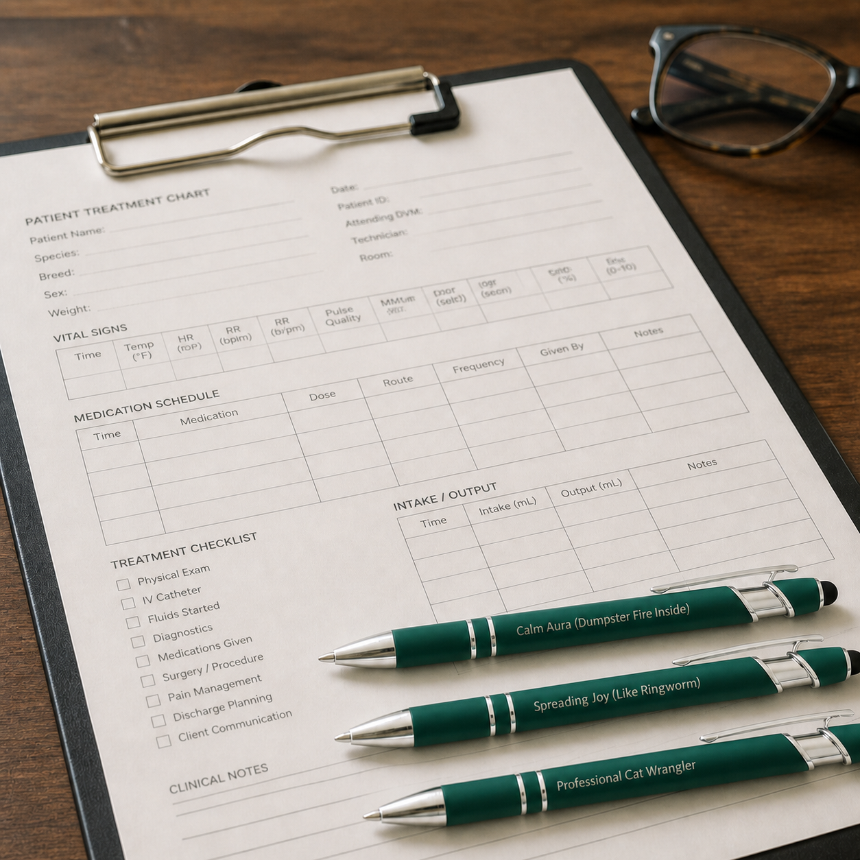 Three dark green laser-engraved veterinary pens displayed on a veterinary treatment chart