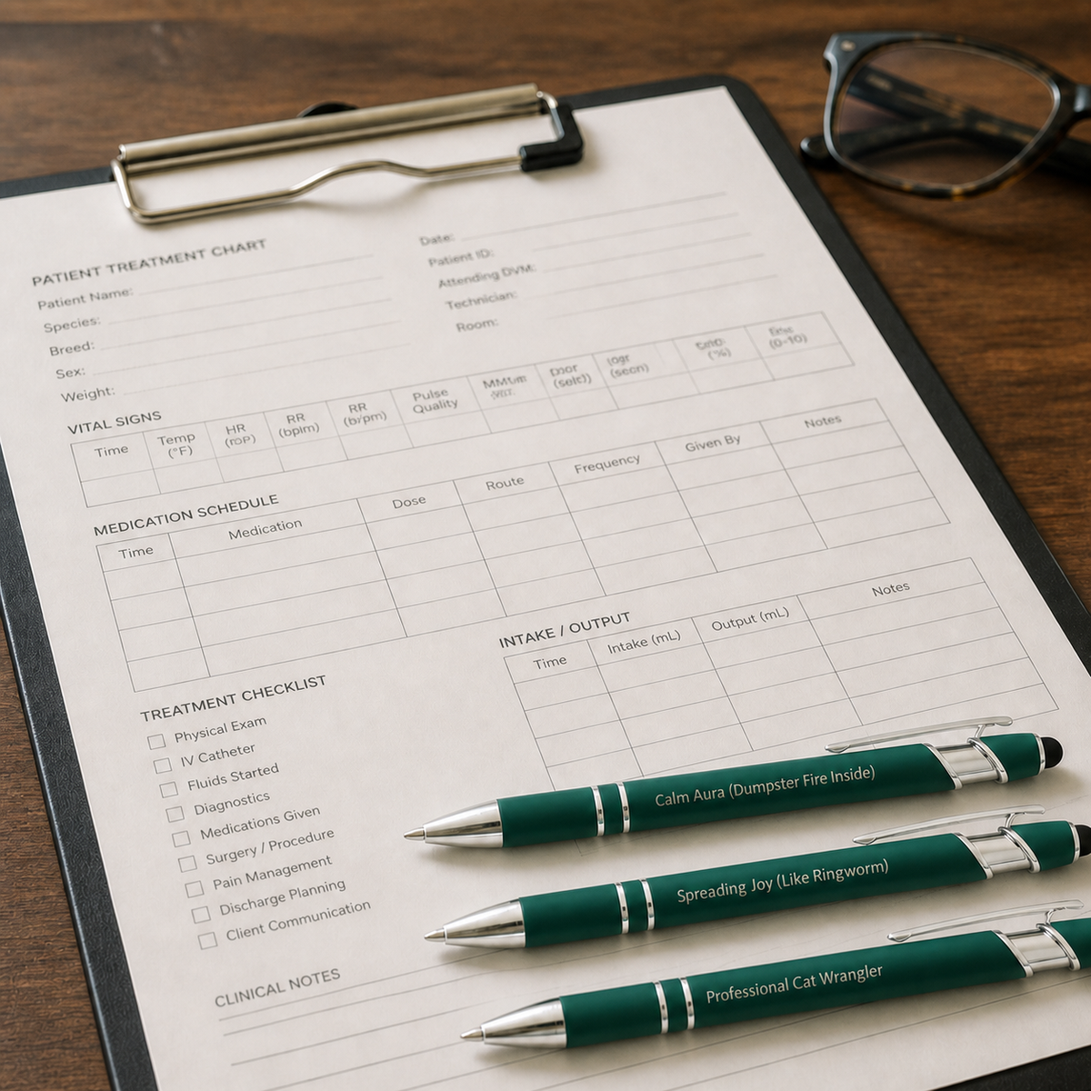 Three dark green laser-engraved veterinary pens displayed on a veterinary treatment chart