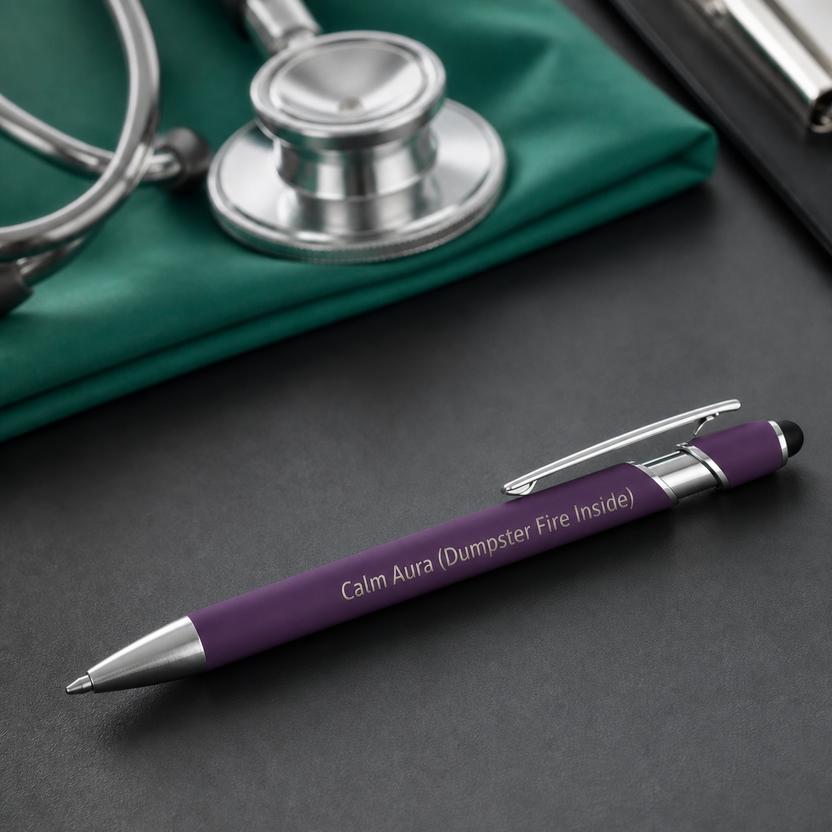 Purple Calm Aura Dumpster Fire Inside laser-engraved veterinary pen with stainless steel hardware on a charcoal desktop