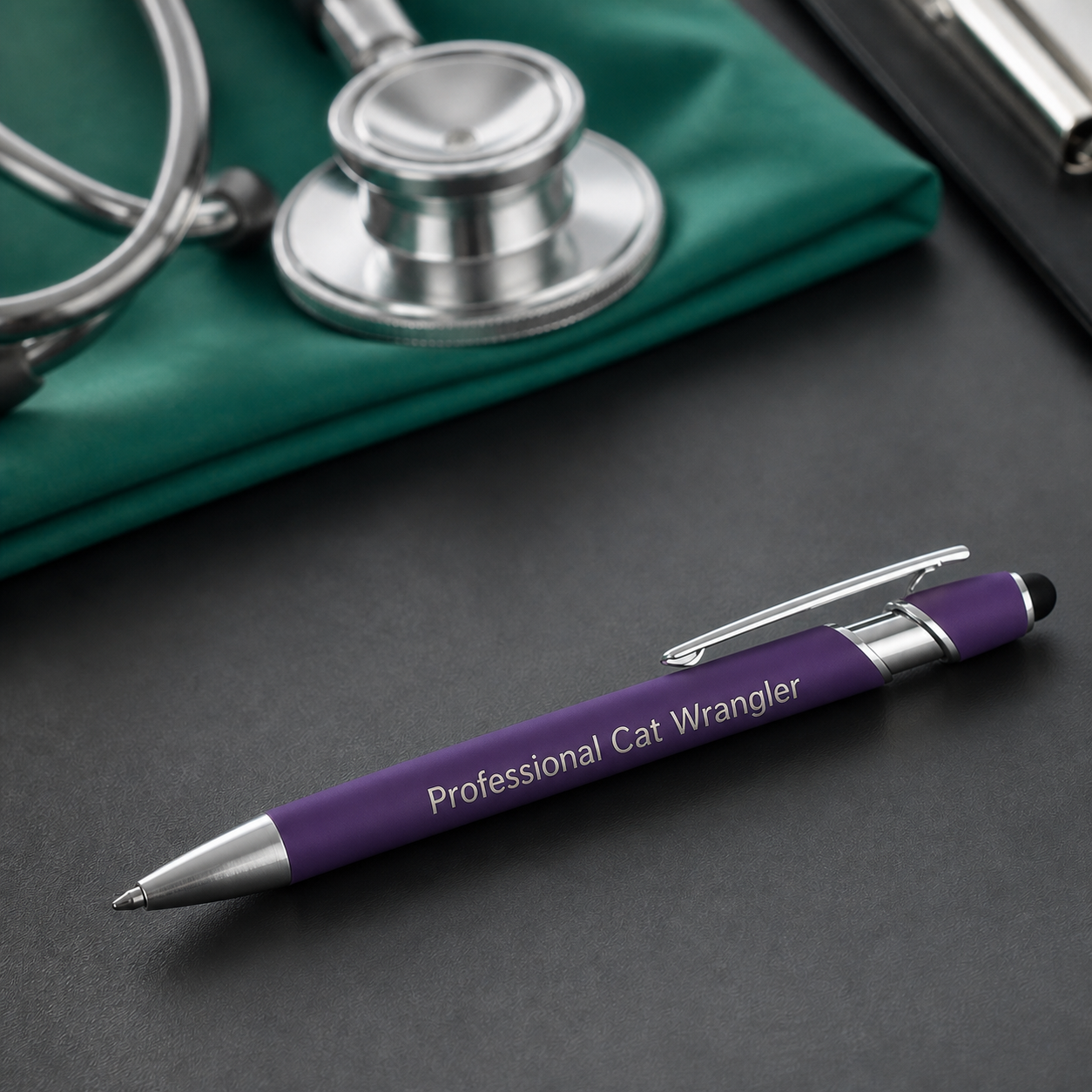 Purple Professional Cat Wrangler laser-engraved veterinary pen with stainless steel hardware on a charcoal desktop