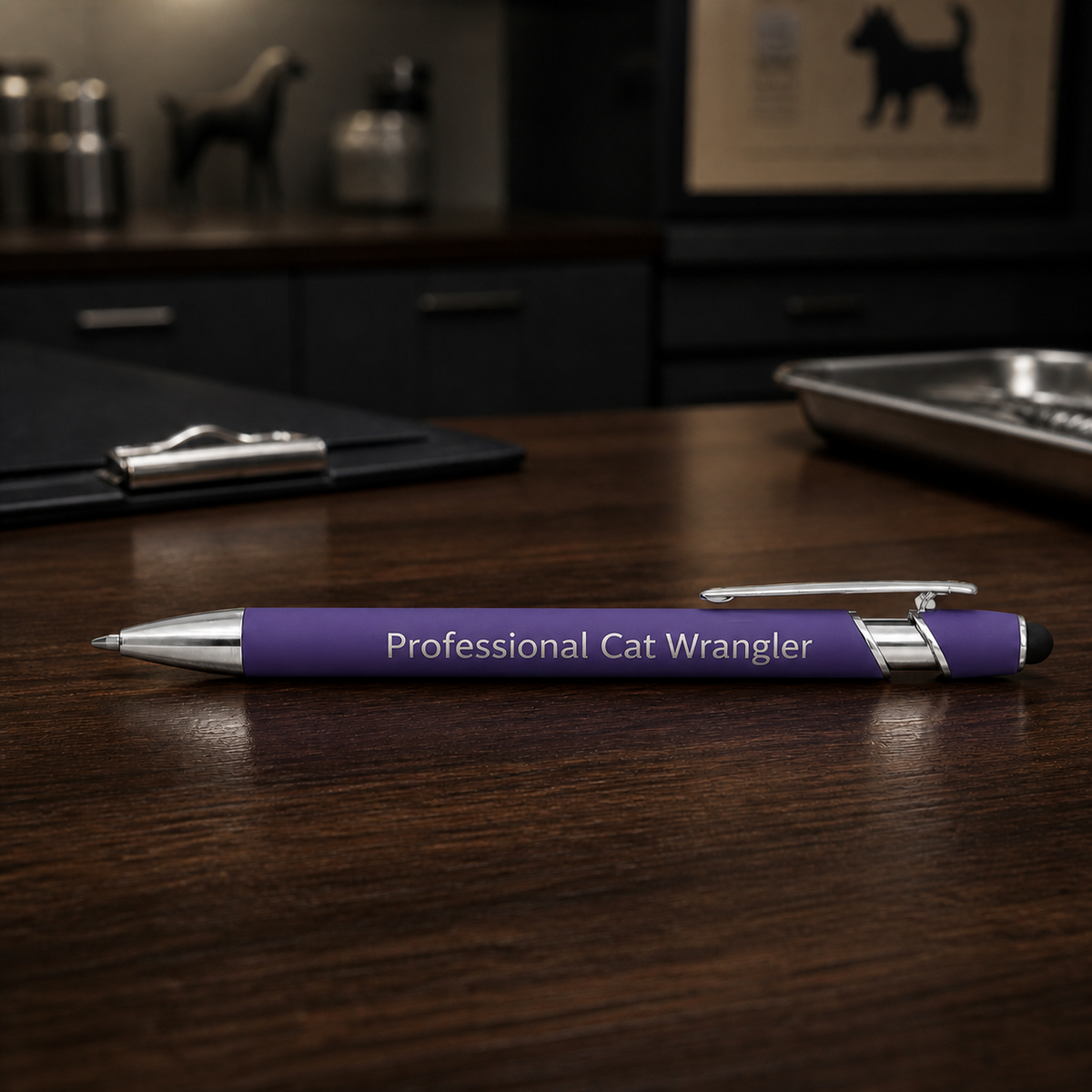 Purple Professional Cat Wrangler laser-engraved veterinary pen with stainless steel hardware on a dark clinic desk