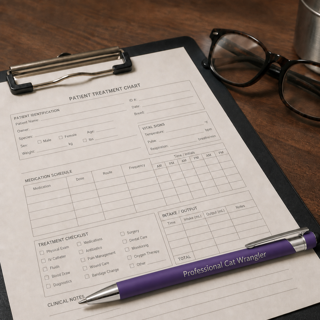 Purple Professional Cat Wrangler laser-engraved veterinary pen with stainless steel hardware on a treatment chart