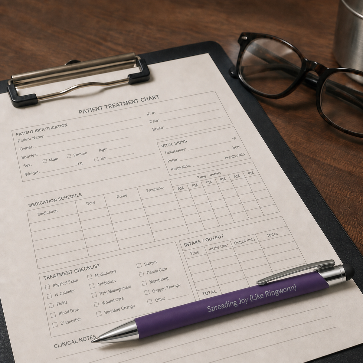 Purple Spreading Joy Like Ringworm laser-engraved veterinary pen with stainless steel hardware on a treatment chart