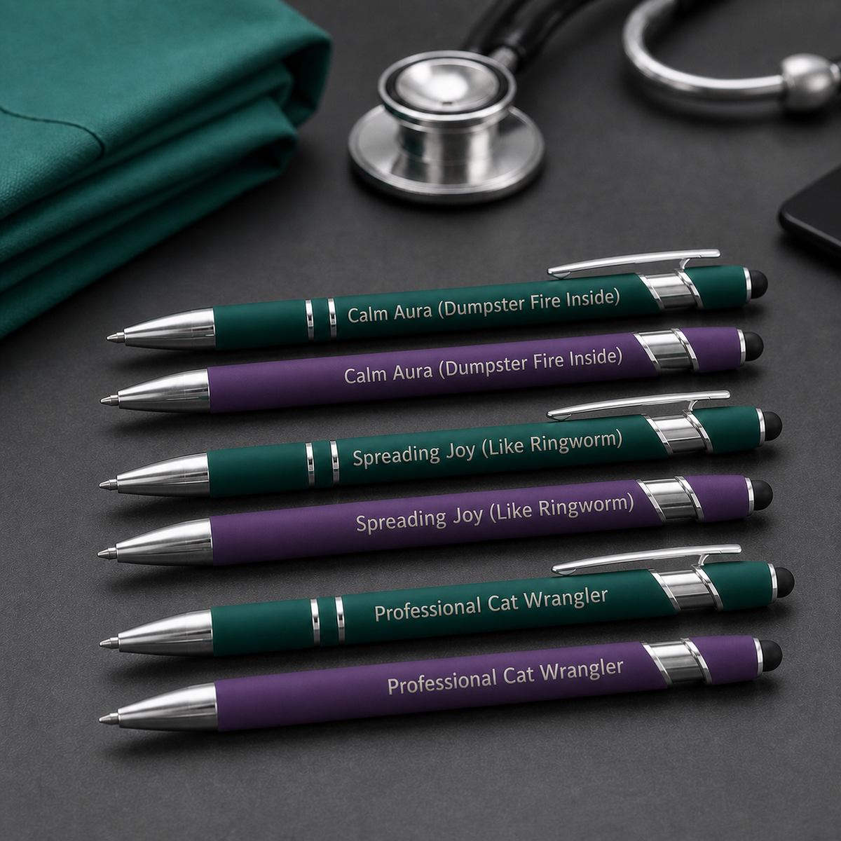 Six green and purple laser-engraved veterinary pens with stainless steel hardware on a charcoal clinic desktop