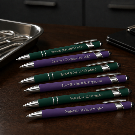 Six laser-engraved veterinary pens in green and purple with stainless steel hardware on a dark clinic desk