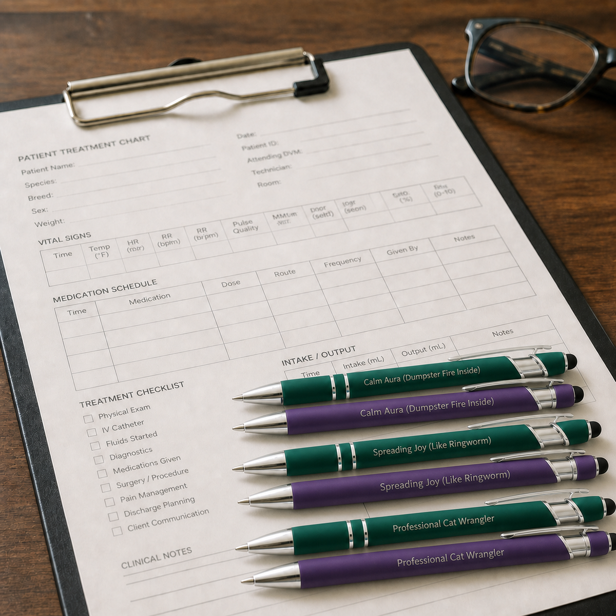 Six green and purple laser-engraved veterinary pens displayed on a veterinary treatment chart