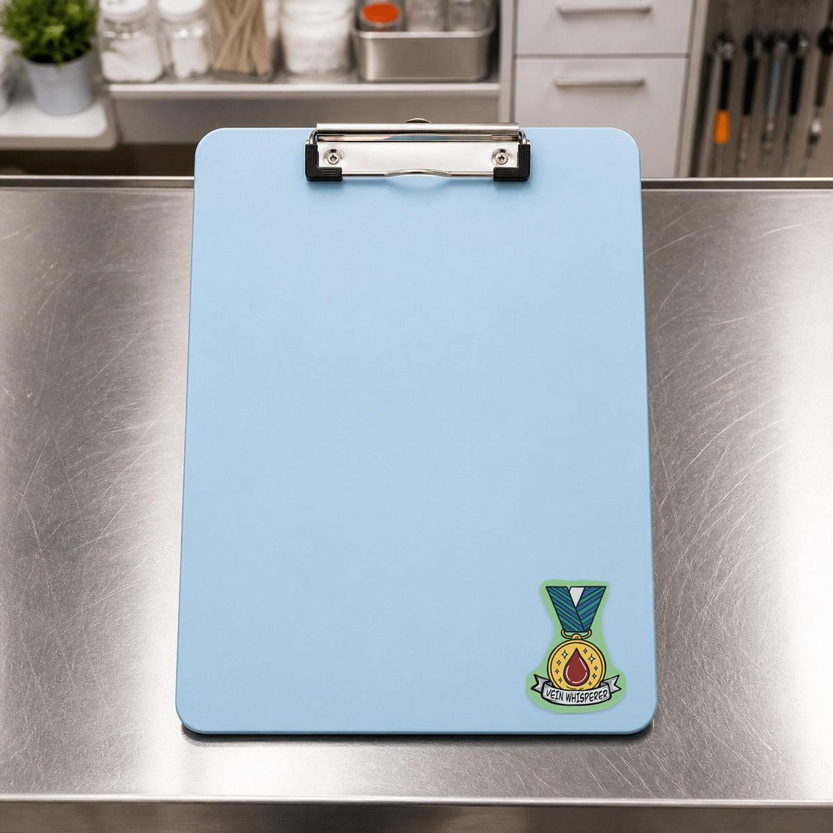 🏅 Vein Whisperer – Vet Medal shown on a blue treatment clipboard