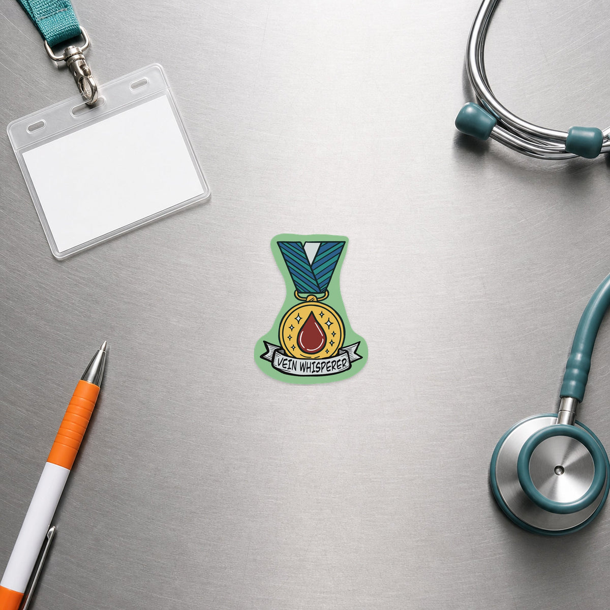 🏅 Vein Whisperer – Vet Medal shown in a veterinary clinic flat lay
