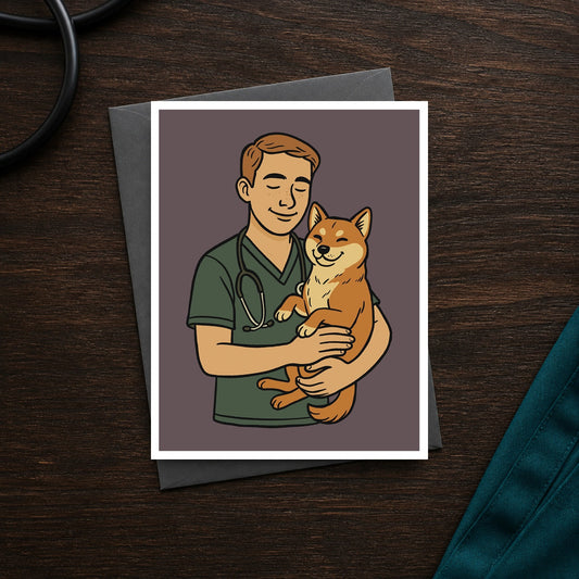 Vet Tech Magic A2 veterinary notecard front on a dark clinic desk