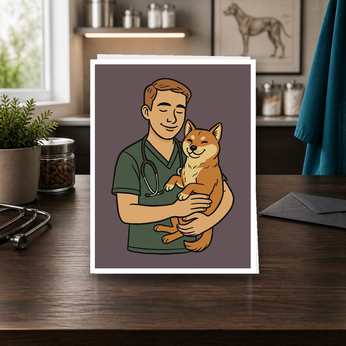 Vet Tech Magic A2 veterinary notecard standing on a dark clinic desk