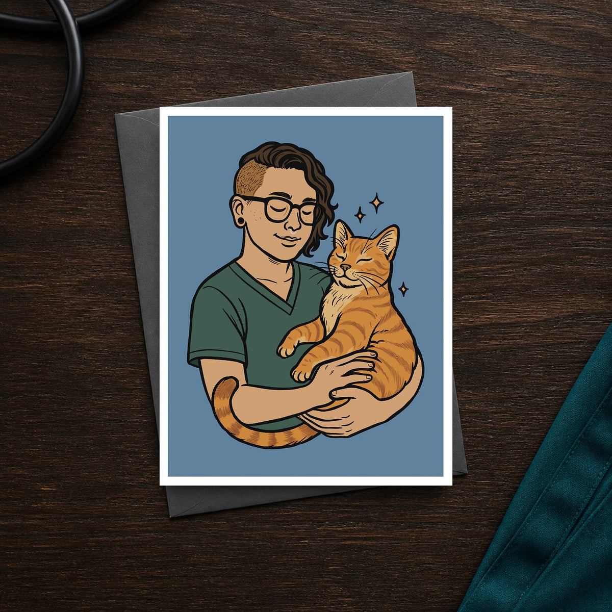 Vet Techs Deserve Medals A2 veterinary notecard front on a dark clinic desk