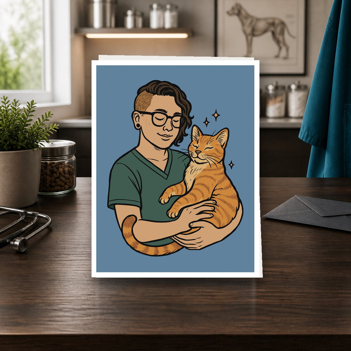 Vet Techs Deserve Medals A2 veterinary notecard standing on a dark clinic desk