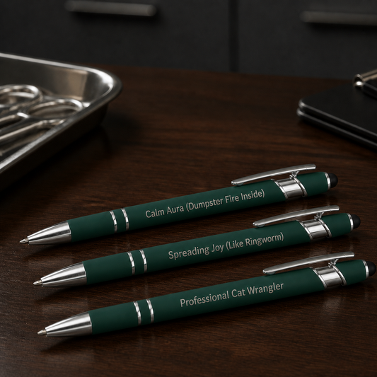 Three green laser-engraved veterinary pens on a dark walnut clinic desk, one of each phrase