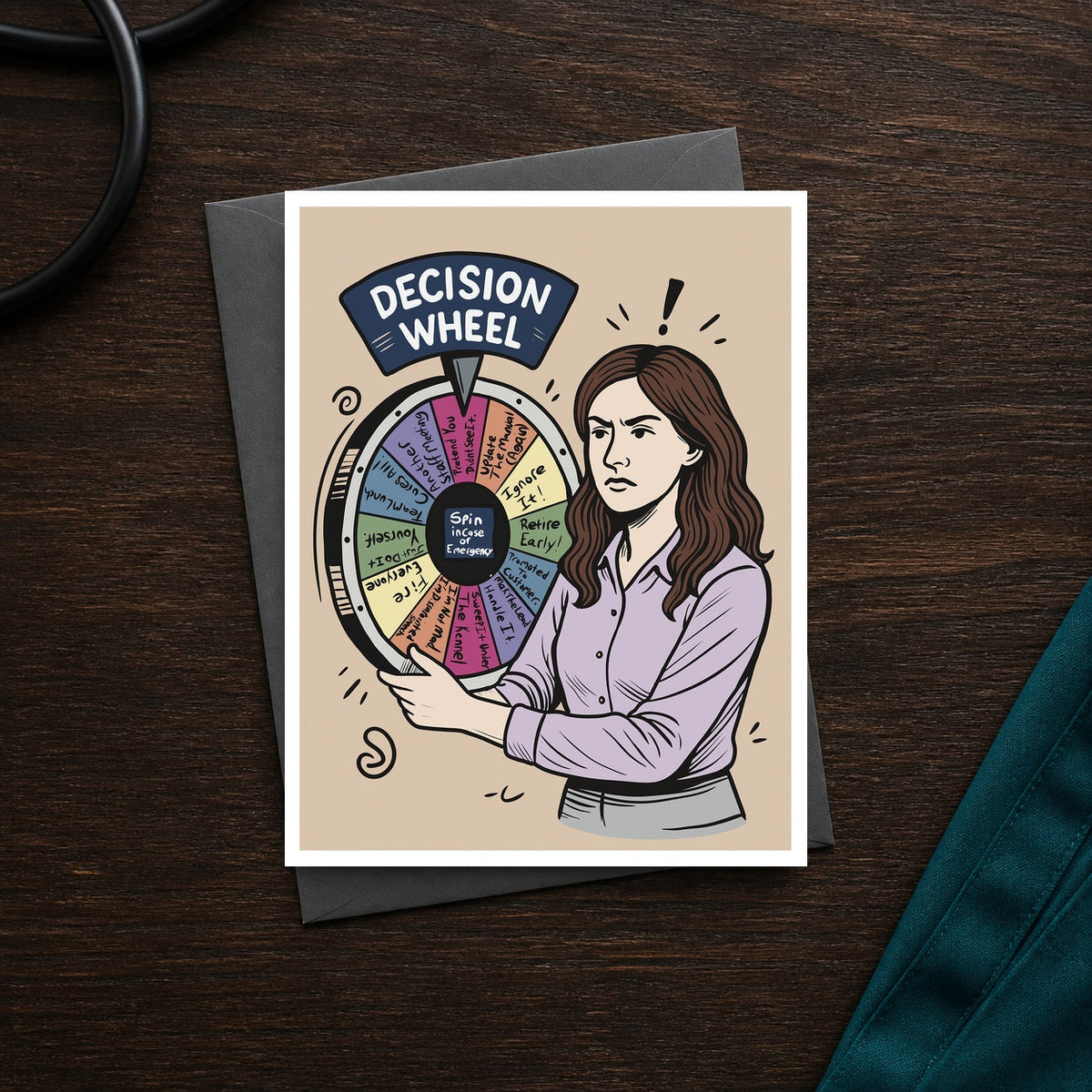 Veterinary Manager Decision Wheel Version One A2 veterinary notecard front on a dark clinic desk