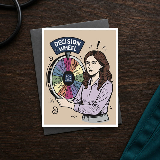 Veterinary Manager Decision Wheel Version One A2 veterinary notecard front on a dark clinic desk