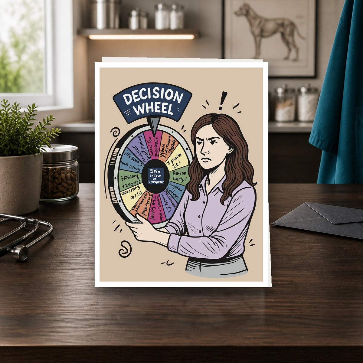 Veterinary Manager Decision Wheel Version One A2 veterinary notecard standing on a dark clinic desk