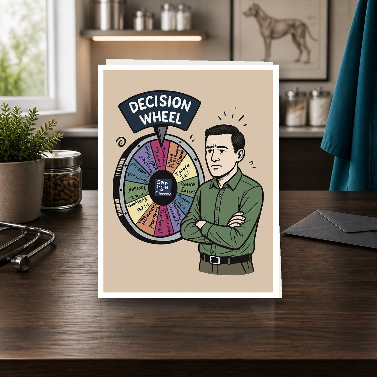Veterinary Manager Decision Wheel Version Two A2 veterinary notecard standing on a dark clinic desk