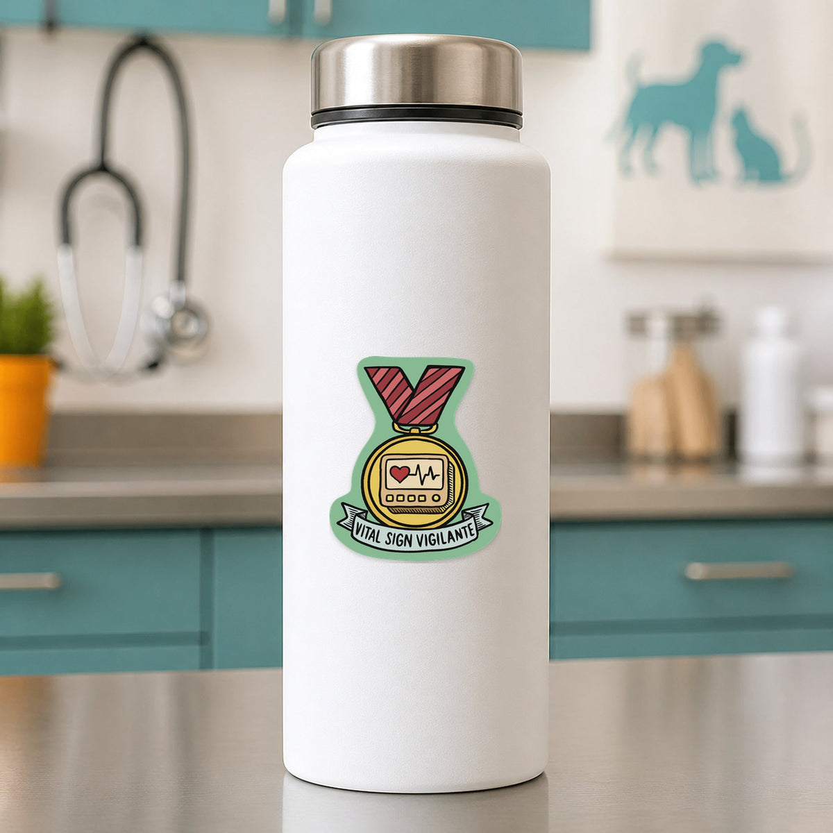 💓 Vital Sign Vigilante – Funny Vet Award Sticker shown on a white clinic water bottle