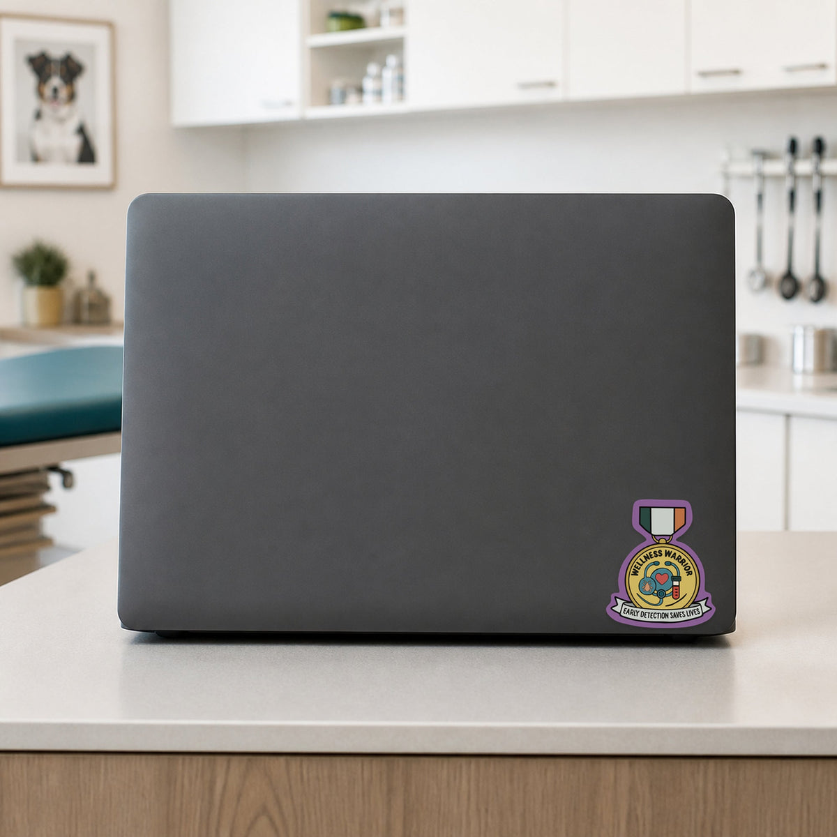 Wellness Warrior – Award Medal Sticker shown on a veterinary clinic laptop