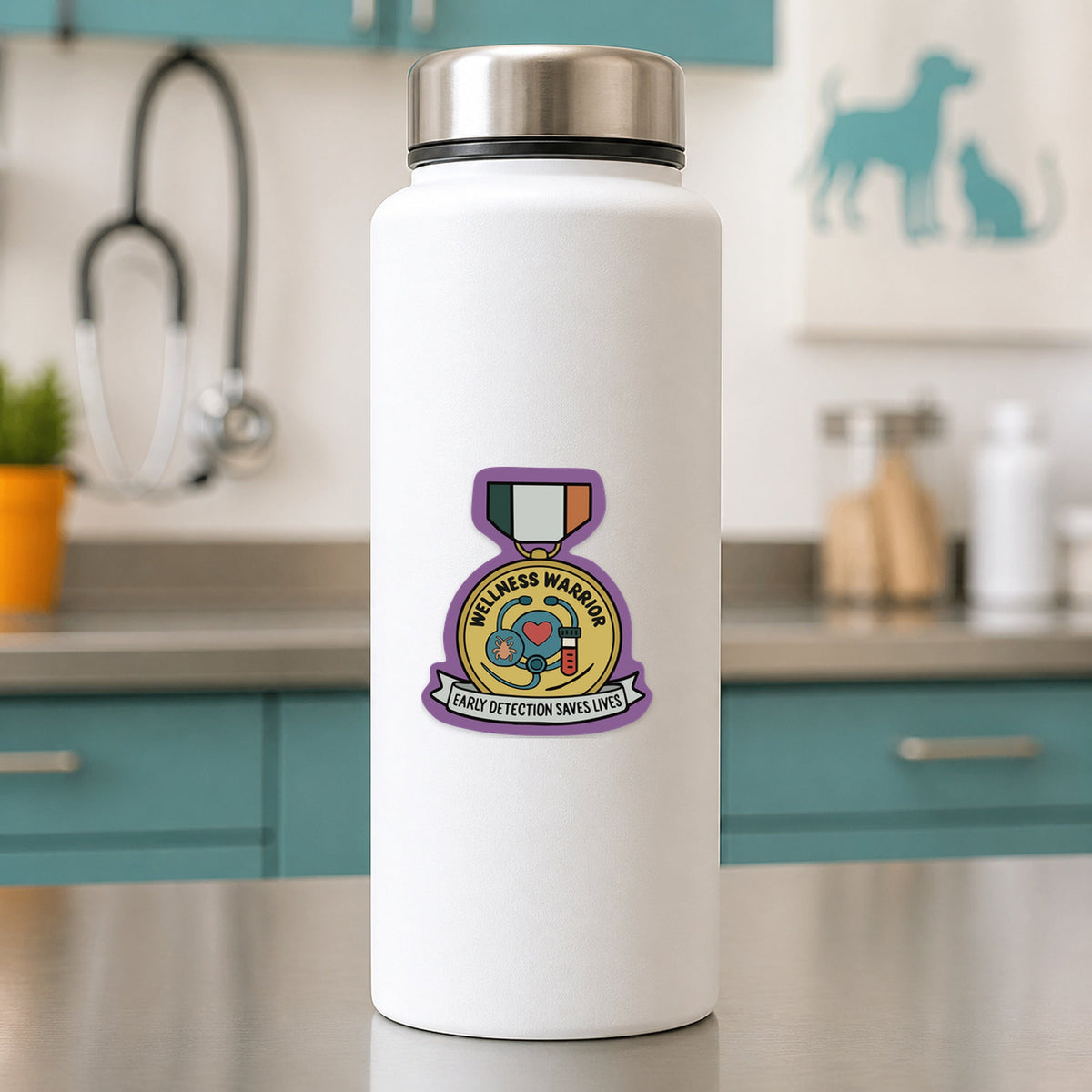 Wellness Warrior – Award Medal Sticker shown on a white clinic water bottle