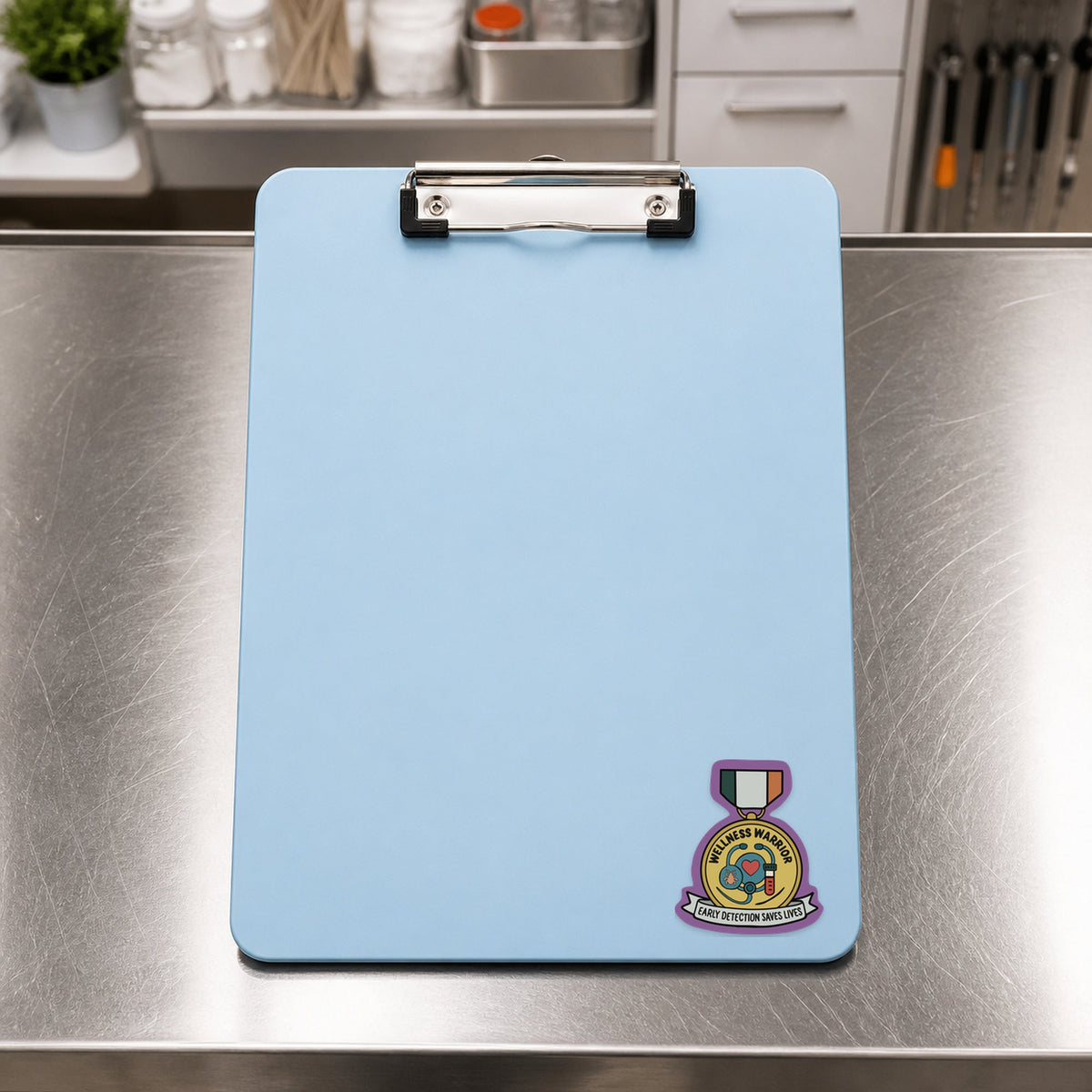 Wellness Warrior – Award Medal Sticker shown on a blue treatment clipboard