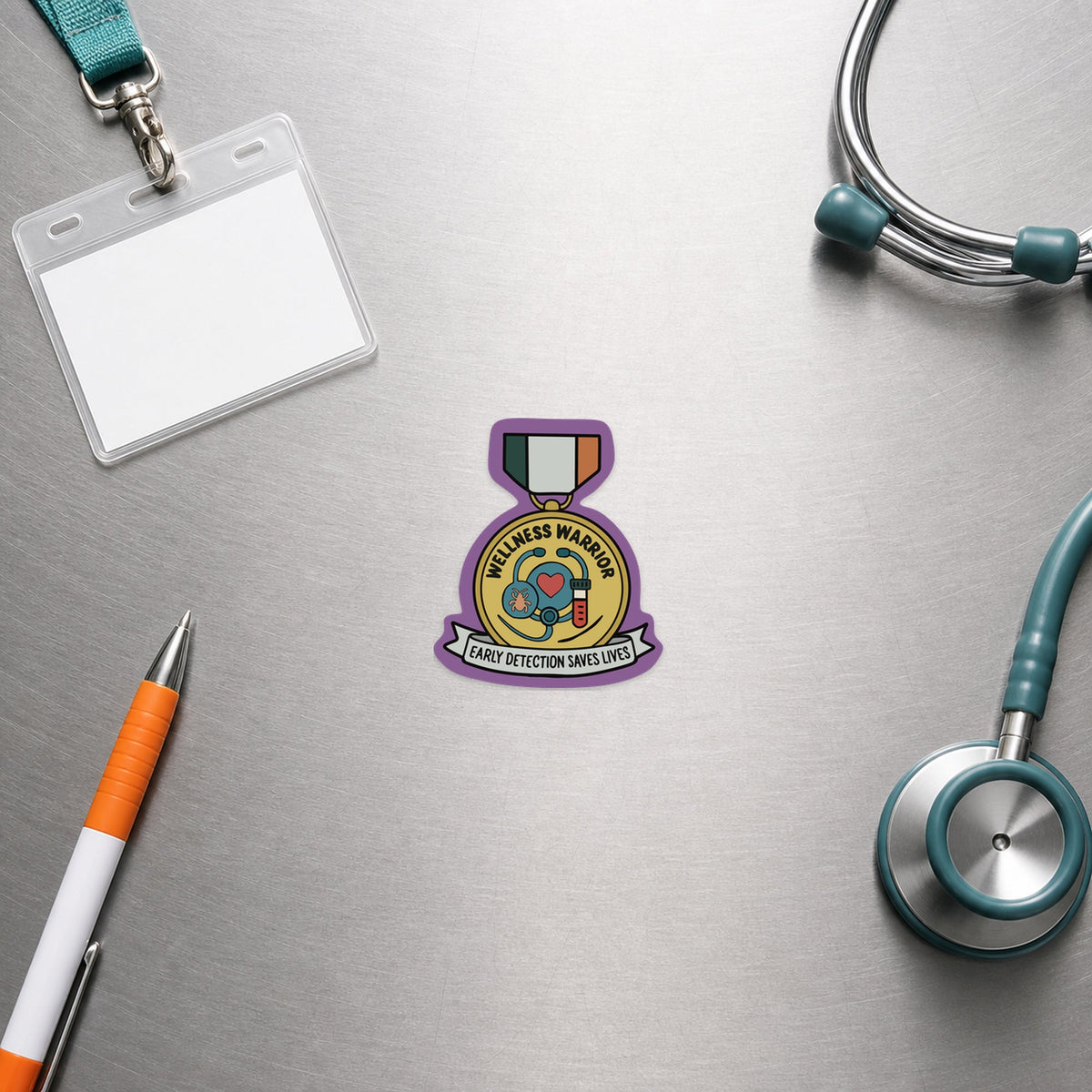 Wellness Warrior – Award Medal Sticker shown in a veterinary clinic flat lay