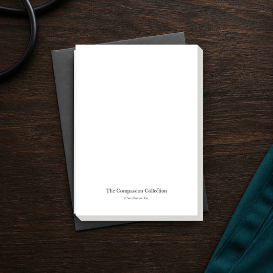 Where Rainbows Begin 5 by 7 pet loss sympathy card pack of 20 back on a dark clinic desk