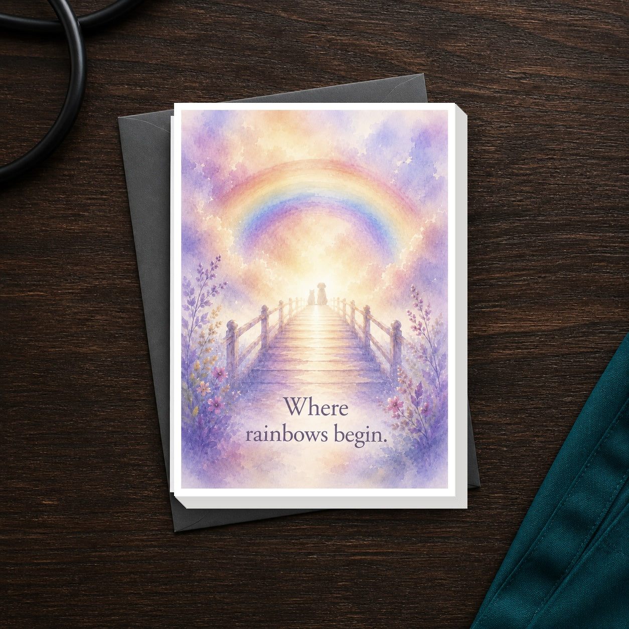 Where Rainbows Begin 5 by 7 pet loss sympathy card pack of 20 front on a dark clinic desk