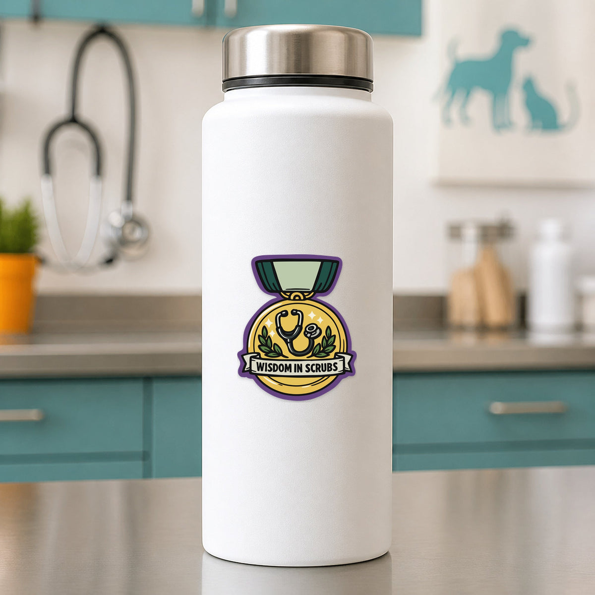 🩺 Wisdom in Scrubs – Funny Vet Recognition Sticker shown on a white clinic water bottle