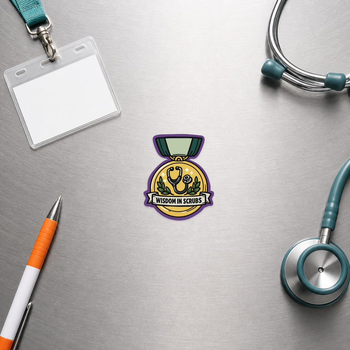 🩺 Wisdom in Scrubs – Funny Vet Recognition Sticker shown in a veterinary clinic flat lay
