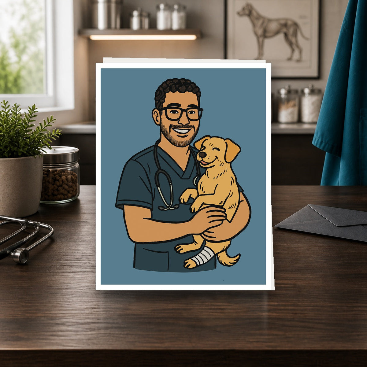 You're So Good At This A2 veterinary notecard standing on a dark clinic desk