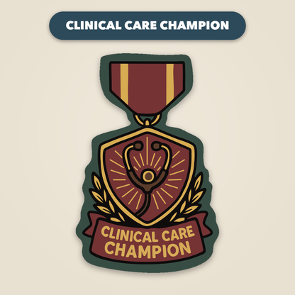 Clinical Care Champion award medal sticker, funny veterinary recognition sticker, Vet Culture Co.